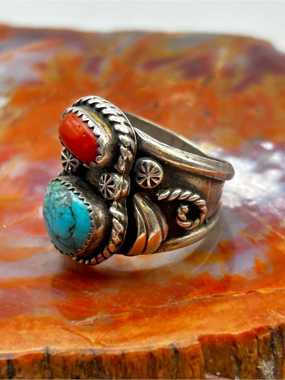 Southwest Sterling Silver Coral and Turquoise Ring - Size 12